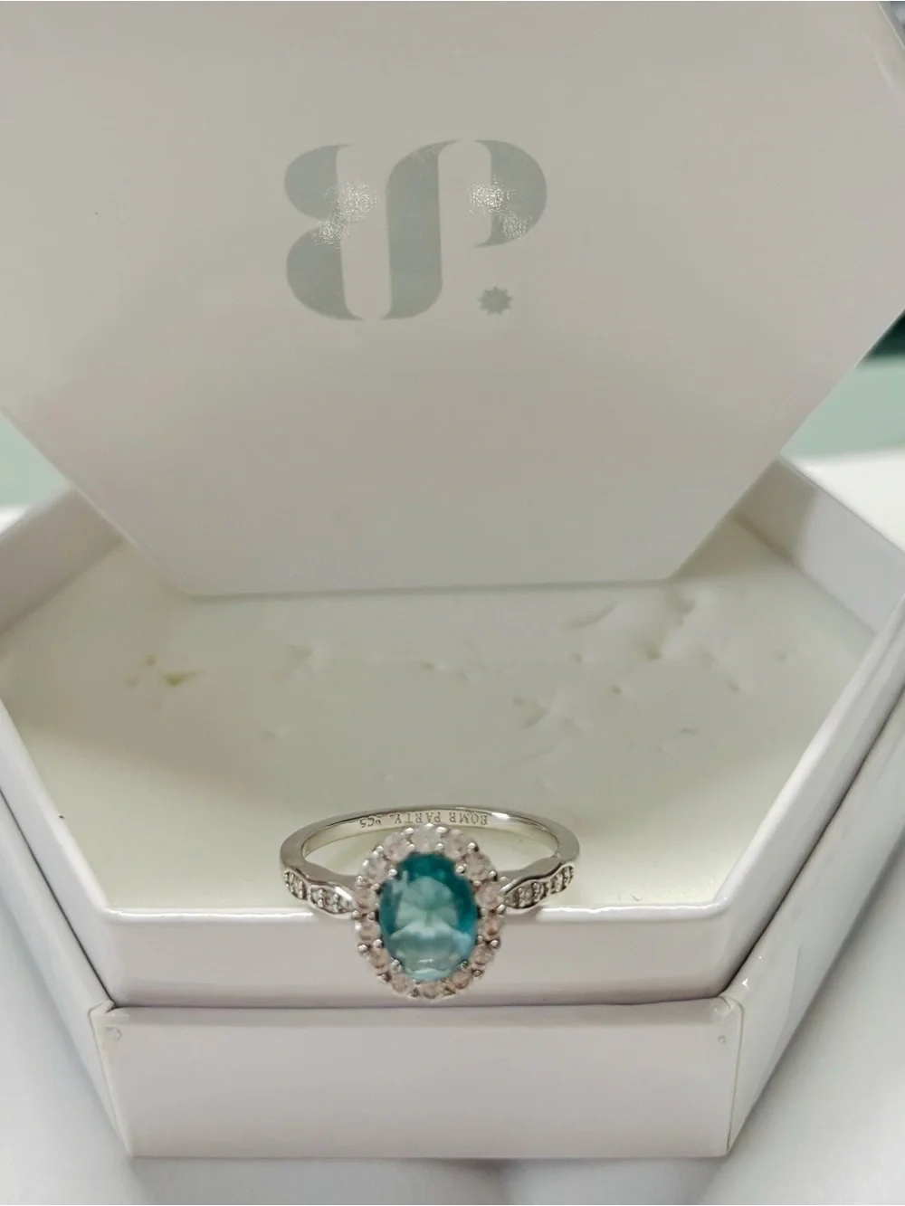 Sterling Silver Teal Oval Halo Ring - size 7